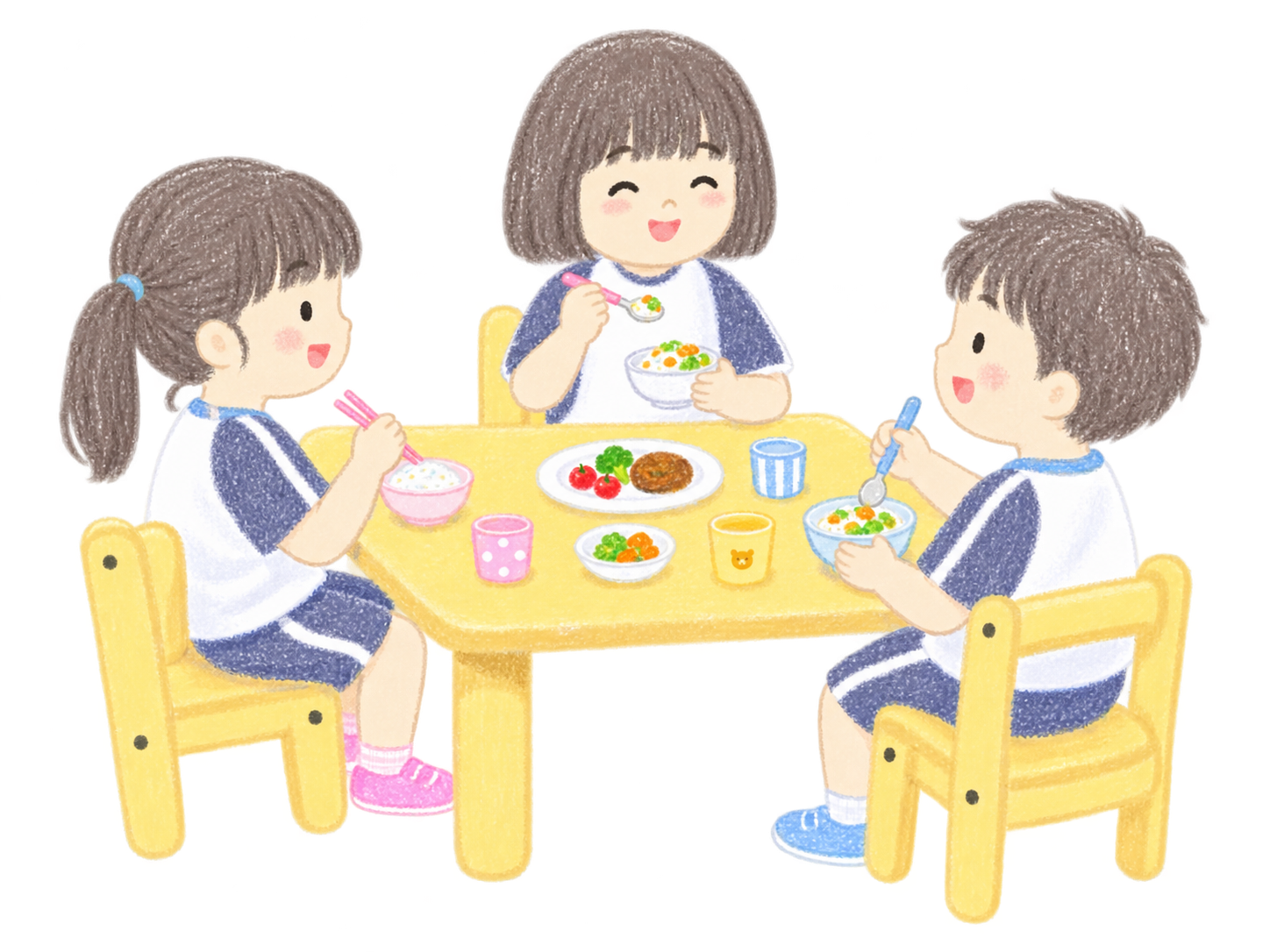 給食を楽しむ子どもたちのイラスト